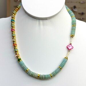 NJD12 Handmade Jadeite Jade, Watermelon Tourmaline & MotherofPearl Necklace